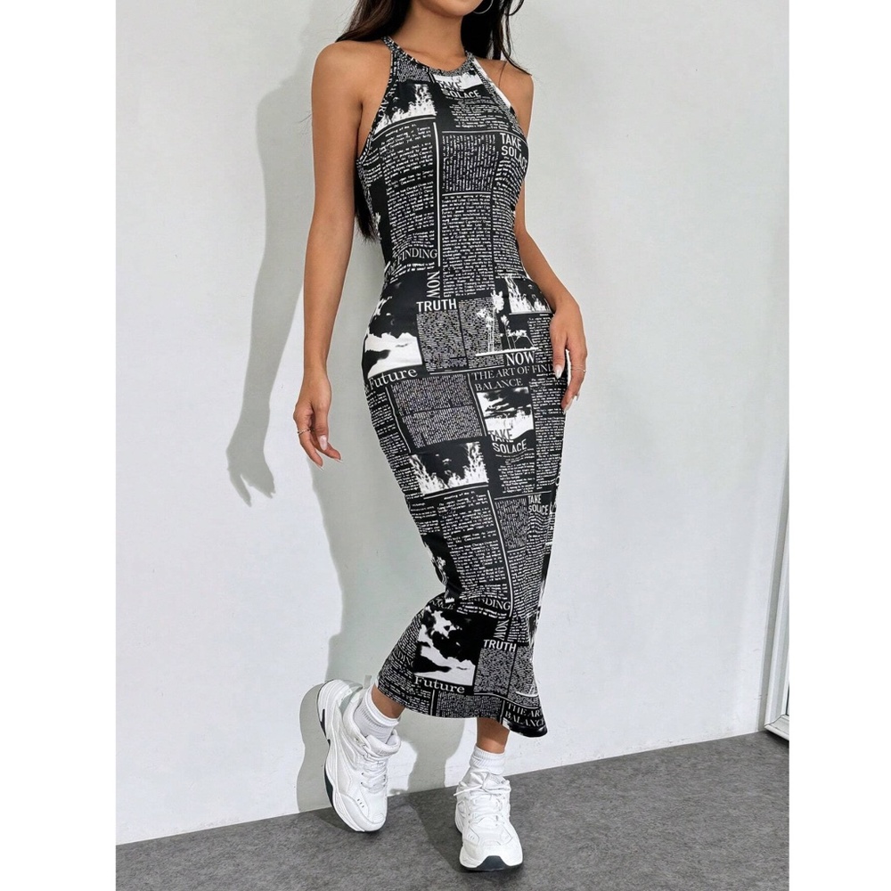 Newspaper Print Tank Dress Midi Fitted Sleeveless Stretchy Black and White